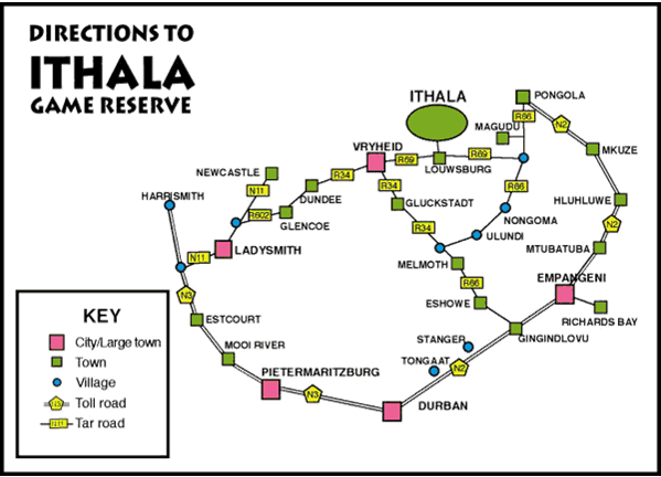 Map showing driving directions from Durban to Ithala Game Reserve in KwaZulu-Natal