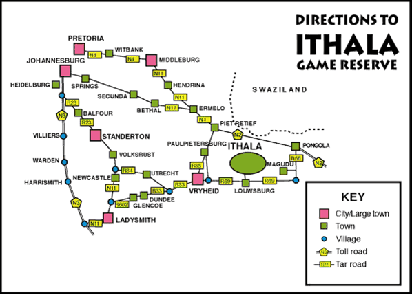 Map showing driving directions from Pretoria to Ithala Game Reserve in KwaZulu-Natal
